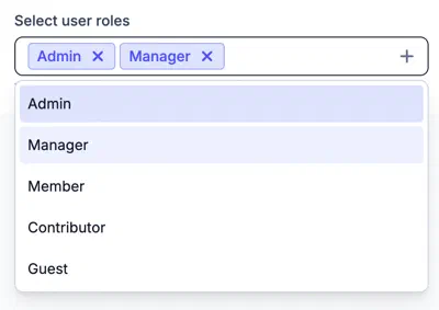 MultiSelect with the dropdown open, search field focused, and selected items shown as tags