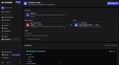 Plakar Control Plane — create and schedule a backup task
